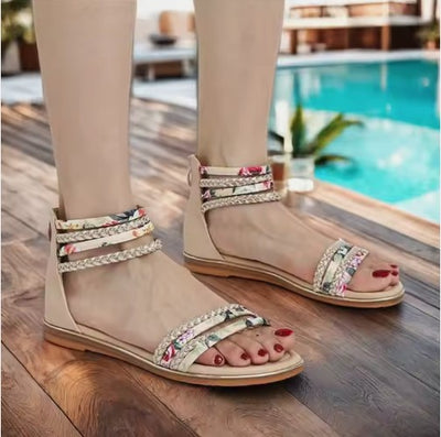 Ladies Bohemian Floral Detail Flat Beach Sandals