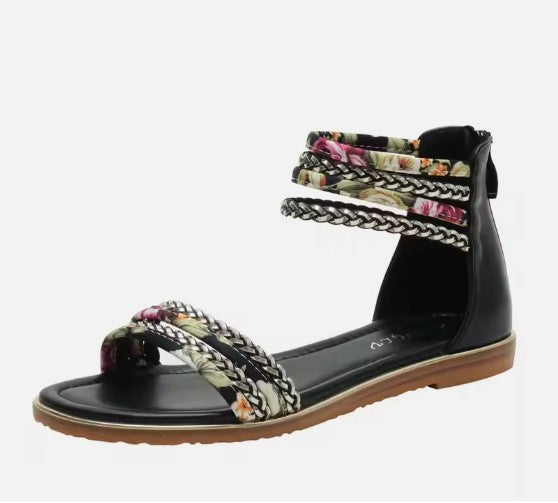 Ladies Bohemian Floral Detail Flat Beach Sandals