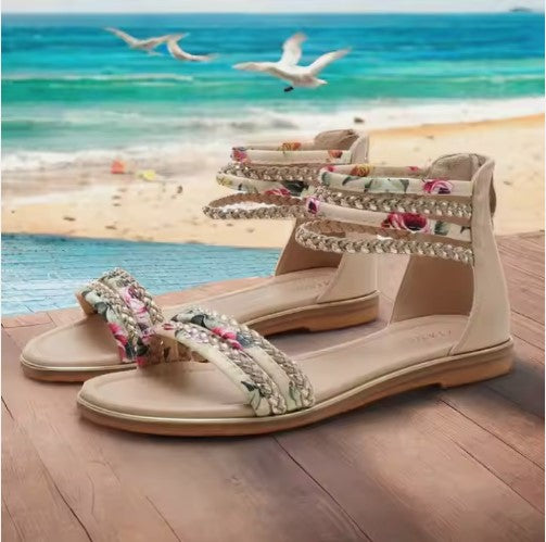 Ladies Bohemian Floral Detail Flat Beach Sandals