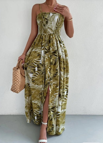 Tropical Print Shirred Spaghetti Strap Split Maxi Dress - The Boho Body