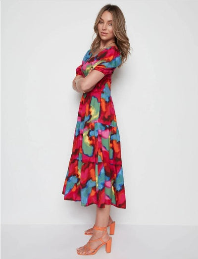 Shirred Bodice Square Neck Multi Coloured Midi Dress - The Boho Body