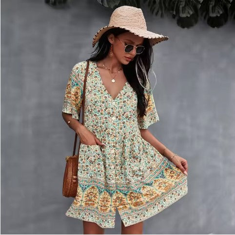 Sweet Bohemian Floral Print Smocked Dress