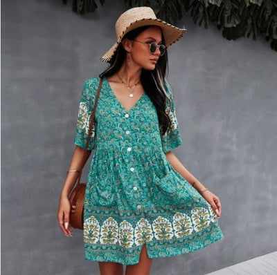 Sweet Bohemian Floral Print Smocked Dress