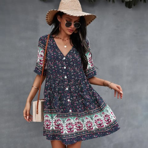 Sweet Bohemian Floral Print Smocked Dress