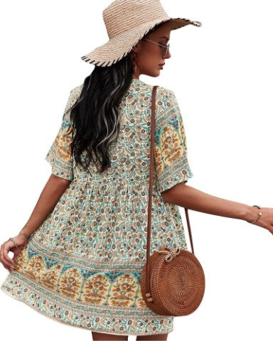 Sweet Bohemian Floral Print Smocked Dress