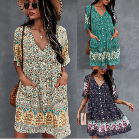 Sweet Bohemian Floral Print Smocked Dress