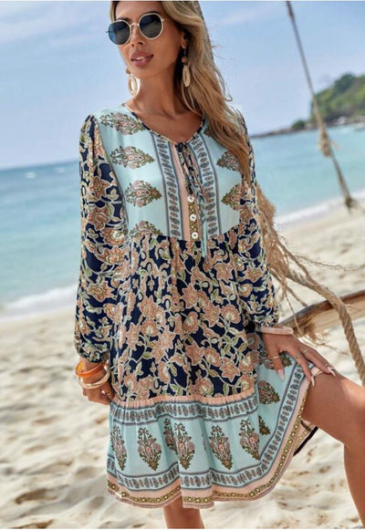 Floral Print Tie V-Neck Ruffle Hem Smock Midi Dress - The Boho Body