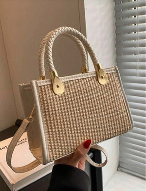 Cute White Mini Woven Double Handle Adjustable Strap Straw Bag - The Boho Body