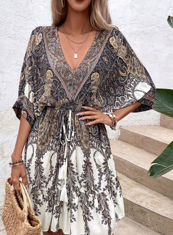 Paisley Print Batwing Sleeve Tassel Tie Boho Dress - The Boho Body