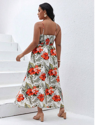 Tropical Flower Print Thigh Split Cami Summer Dress 