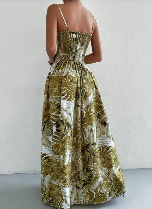 Tropical Print Shirred Spaghetti Strap Split Maxi Dress - The Boho Body