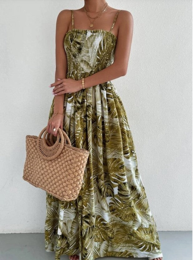 Tropical Print Shirred Spaghetti Strap Split Maxi Dress - The Boho Body