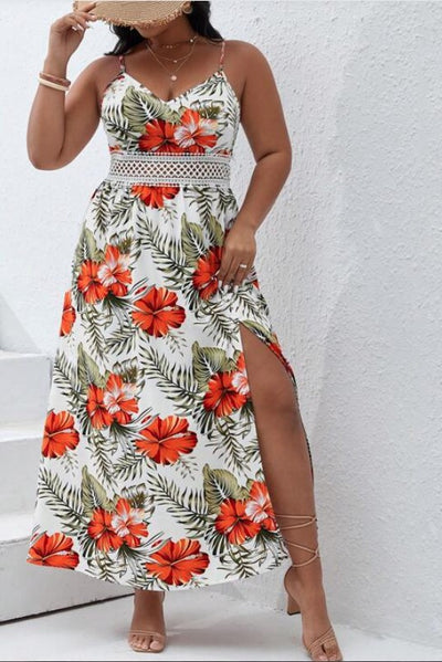 Tropical Flower Print Thigh Split Cami Summer Dress 