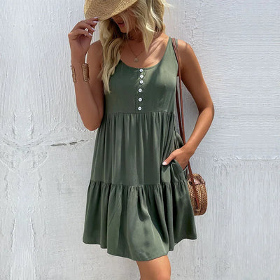 Ruffle Dress Solid Colour O Neck Sleeveless Smock Dress With Pocket