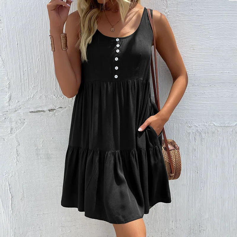 Ruffle Dress Solid Colour O Neck Sleeveless Smock Dress With Pocket
