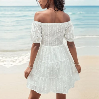 Off The Shoulder Shirred Pleated White Midi Dress - The Boho Body