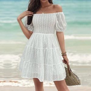 Off The Shoulder Shirred Pleated White Midi Dress - The Boho Body