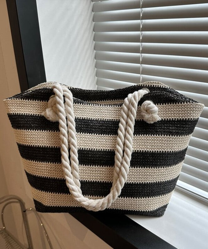 Black and White Striped Vacation Style Woven Beach Bag 