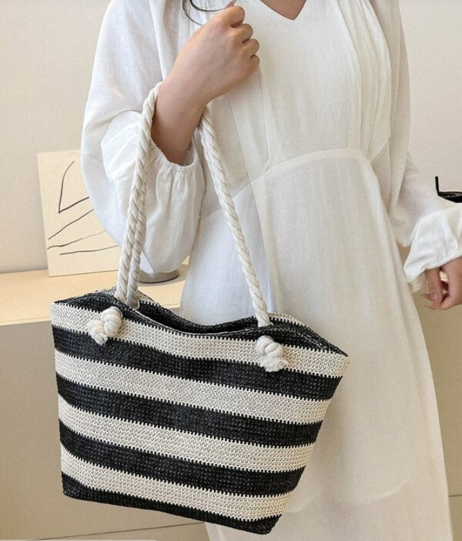 Black and White Striped Vacation Style Woven Beach Bag 