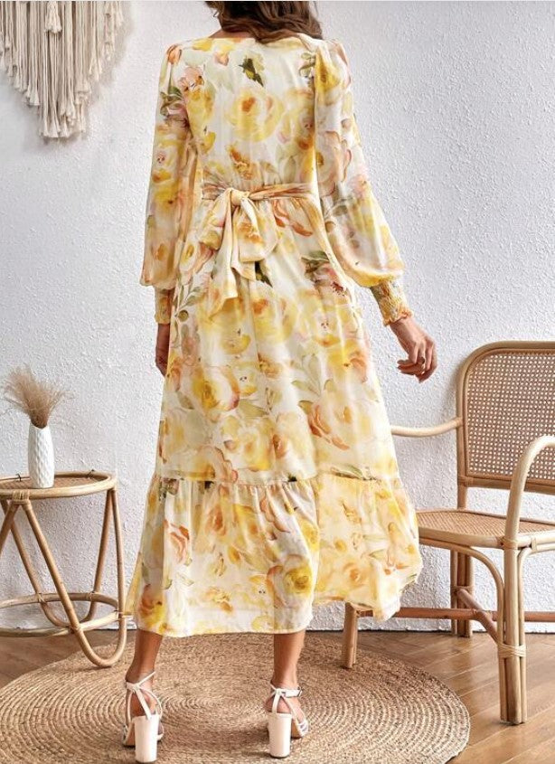 Floral Print Lantern Sleeve Ruffled Hem Maxi Dress