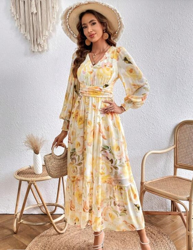 Floral Print Lantern Sleeve Ruffled Hem Maxi Dress