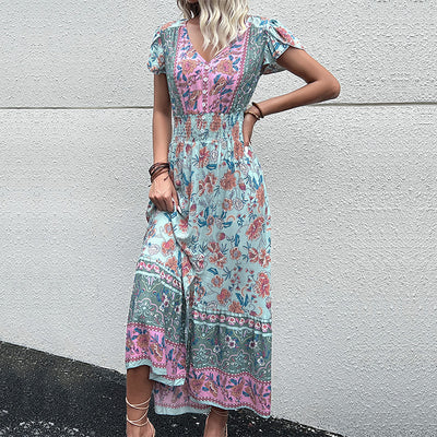 Bohemian Floral Printed Ruffle Hem Summer Beach Dress