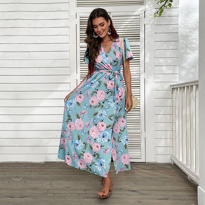 V-Neck Short Sleeve Floral Maxi Tie Waist Wrap Dress