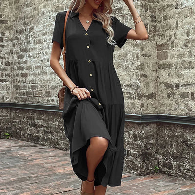 Casual V Neck Short Sleeve Black Midi Summer Dress