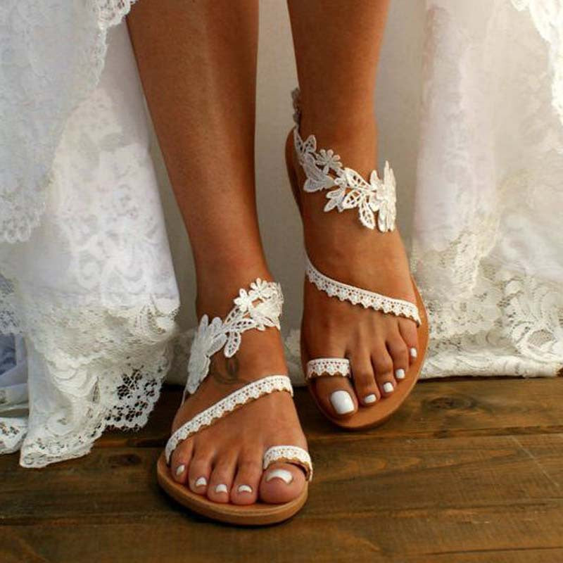 Ladies Bohemian Flower White Lace Flat Beach Sandals