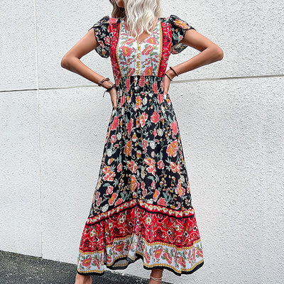 Bohemian Floral Printed Ruffle Hem Summer Beach Dress