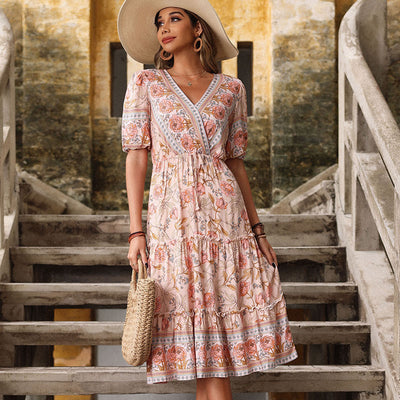 Neck Ruffle Floral Summer Boho Dress