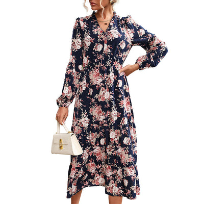 Neck Maxi Boho Floral Printed Dress