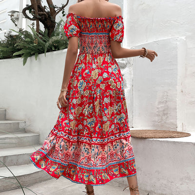 Off The Shoulder Shirred Maxi Floral Bohemian Dress