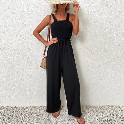 Solid Colour Loose Shirred Wide Leg Jumpsuit