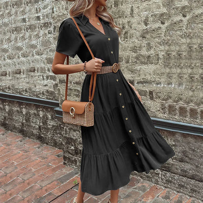 Casual V Neck Short Sleeve Black Midi Summer Dress