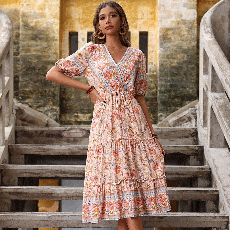 Neck Ruffle Floral Summer Boho Dress