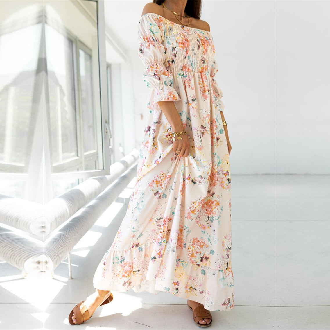 Shoulder Flower Print Maxi Dress