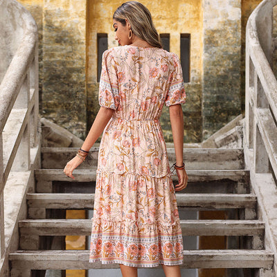 Neck Ruffle Floral Summer Boho Dress