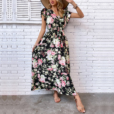 Vintage Bohemian Floral Summer Tie Waist Maxi Dress