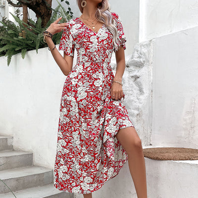 Patterned Floral Print Short Sleeve V-Neck Midi Dress