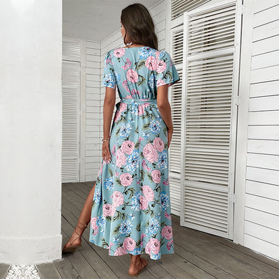 V-Neck Short Sleeve Floral Maxi Tie Waist Wrap Dress