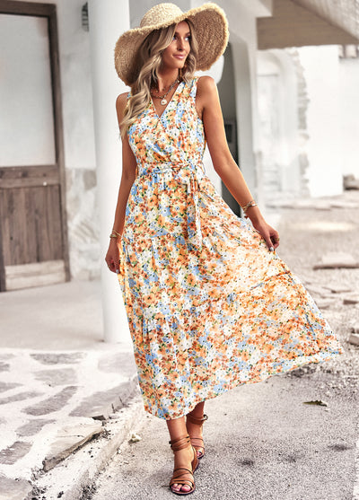 Floral Print Sleeveless Wrap Midi Summer Beach Dress