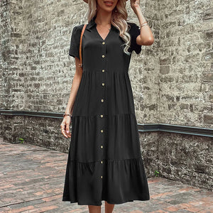 Casual V Neck Short Sleeve Black Midi Summer Dress