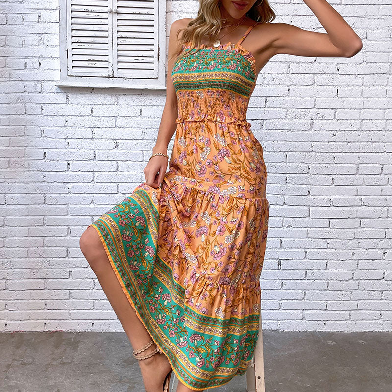 Shirred Spaghetti Strap Bohemian Maxi Dress