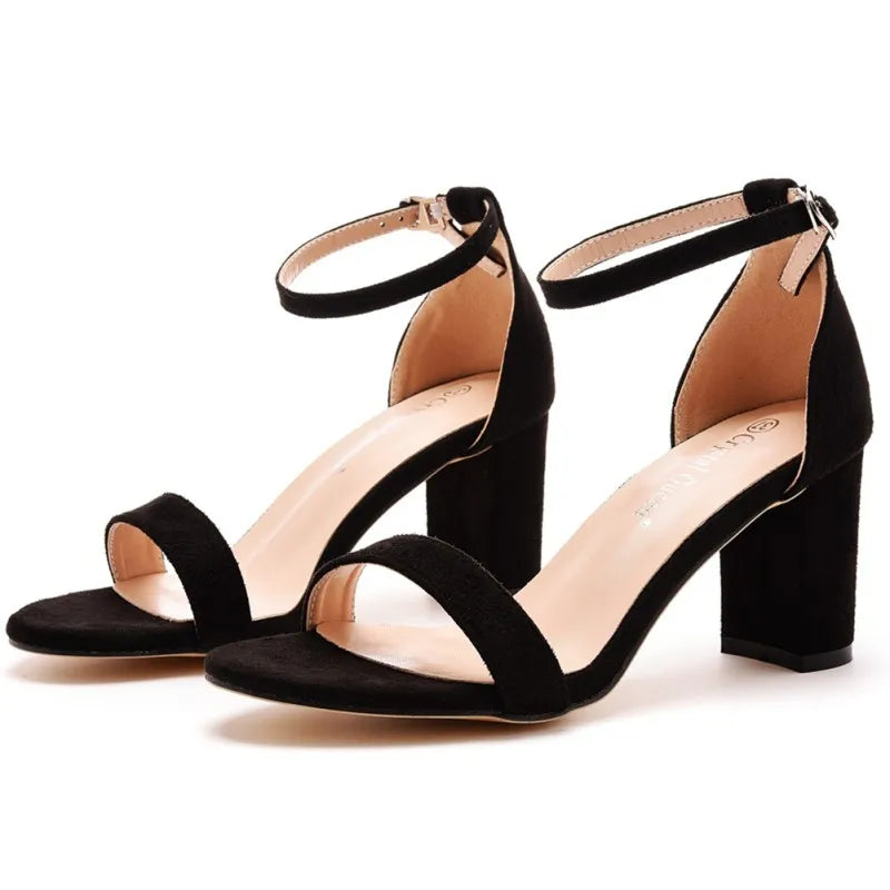 Suede Block Heeled Ankle Strap Solid Colour Sandals