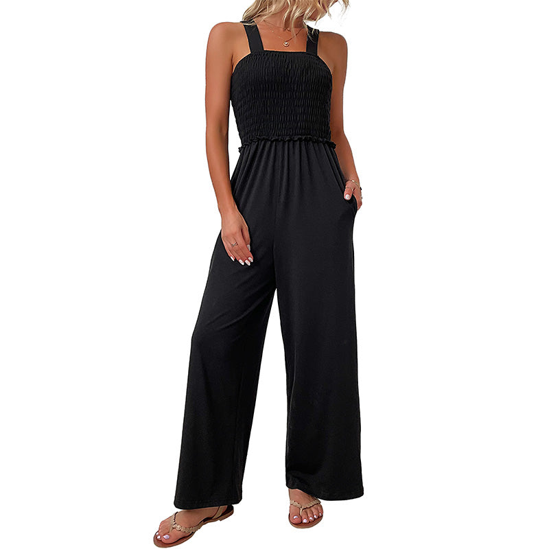 Solid Colour Loose Shirred Wide Leg Jumpsuit