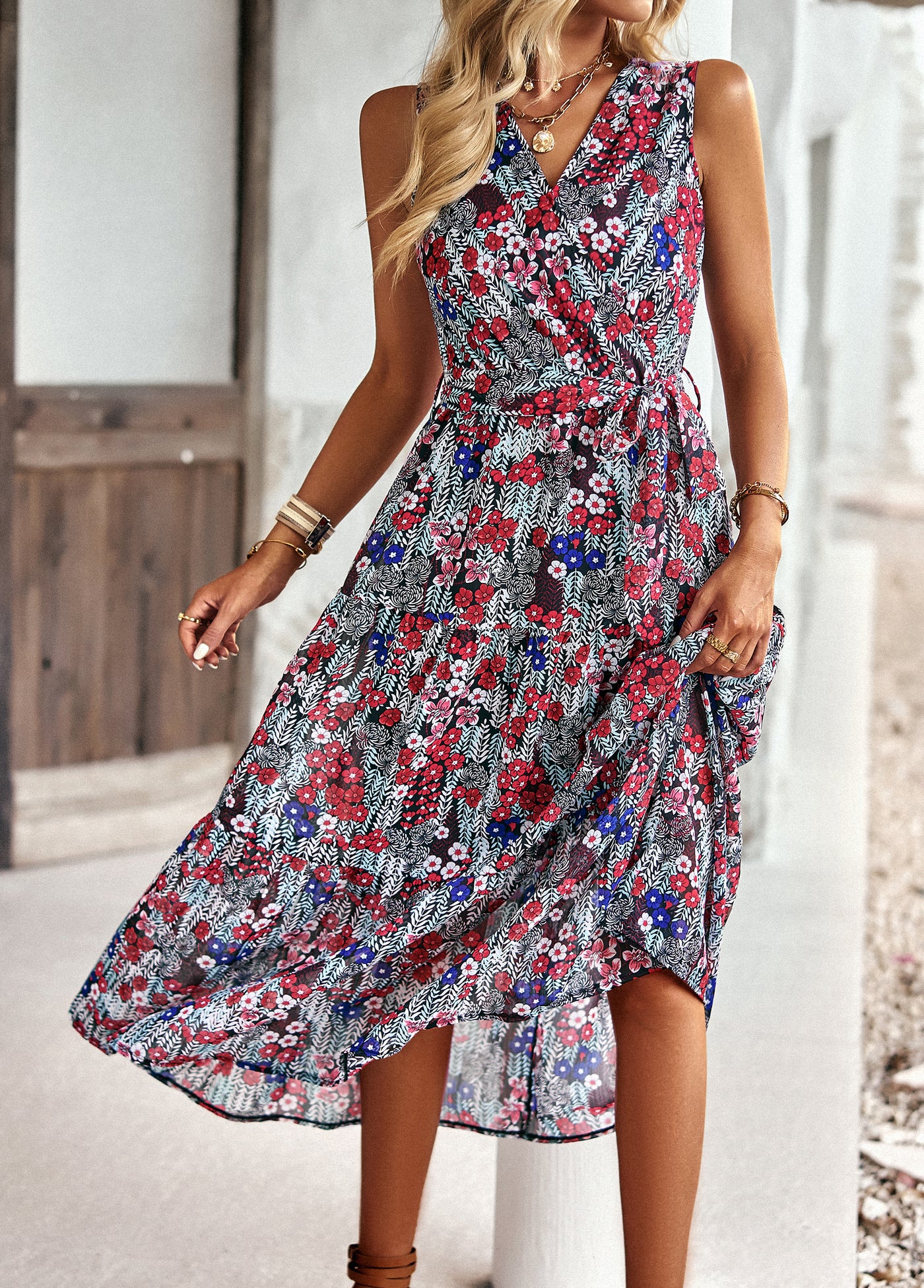 Floral Print Sleeveless Wrap Midi Summer Beach Dress