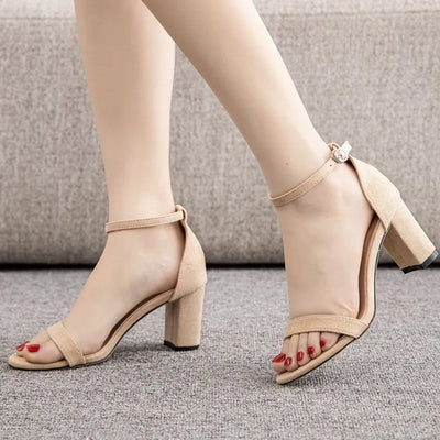 Suede Block Heeled Ankle Strap Solid Colour Sandals