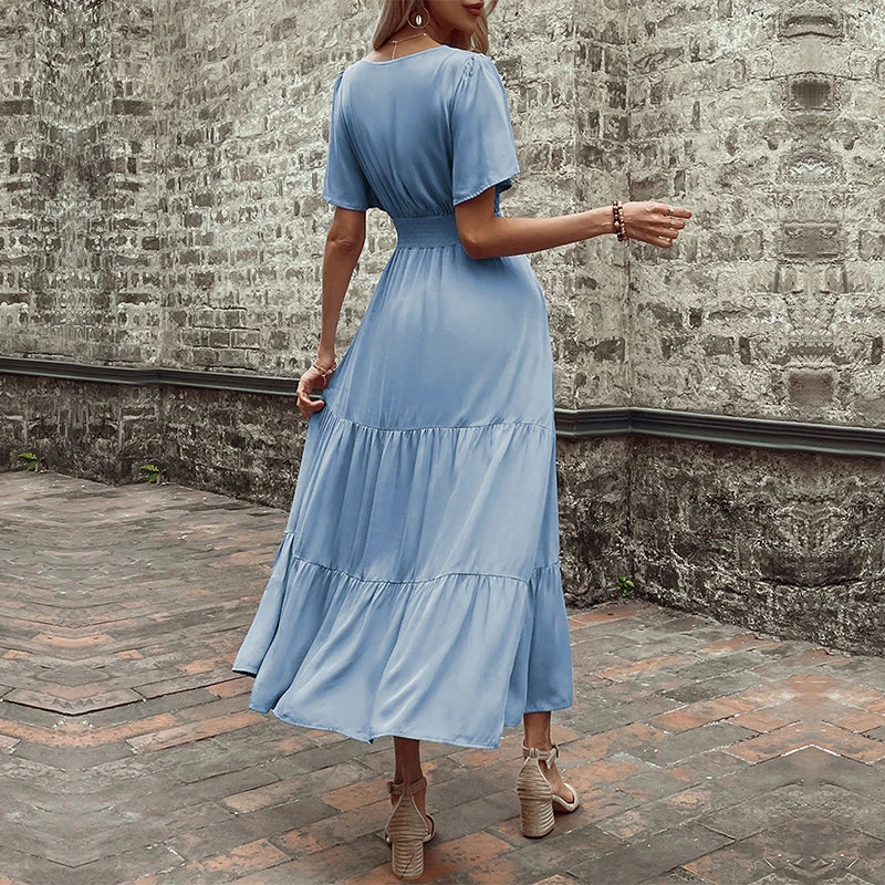 Short Sleeve V-Neck Ruffle Summer Casual Midi Dress