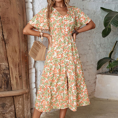 Ladies Floral V-Neck Mid-Length Short-Sleeved Dress 